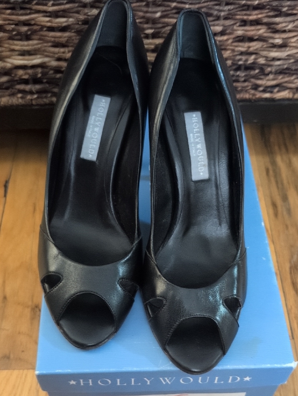 Hollywould Designer Black Peep-Toe Pumps 40 Women's Dress Heels